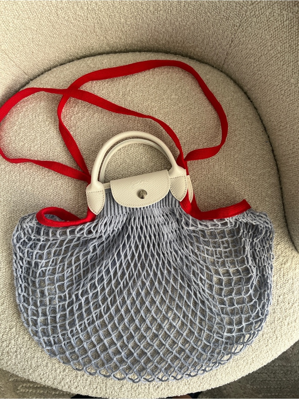 Longchamp Light Blue Mesh Tote with White Trim and Red Strap